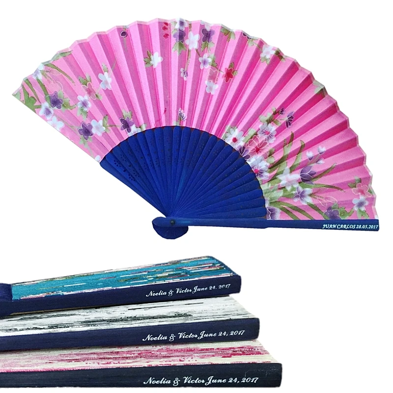 

50PCS Satin Silk Fabric Folding Hand Fan Personalized With Bride & Groom's Names and Date Wedding Gift Favor For Guest