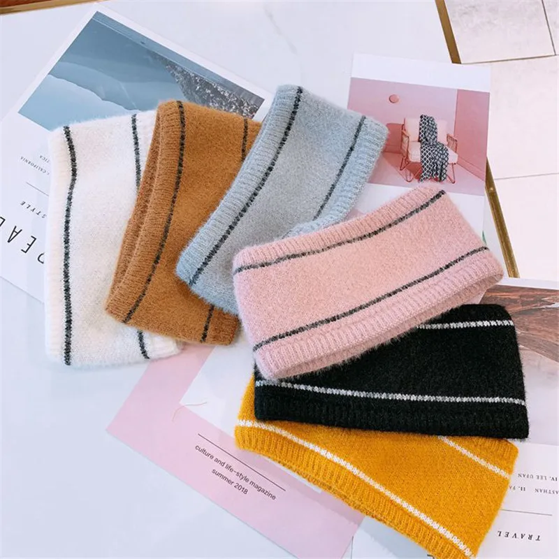 

Ins Winter Adult Hairband Plush Knitted Striped Headbands For Female Wide Thick Women's Turban Headwrap Solid Hair Accessories