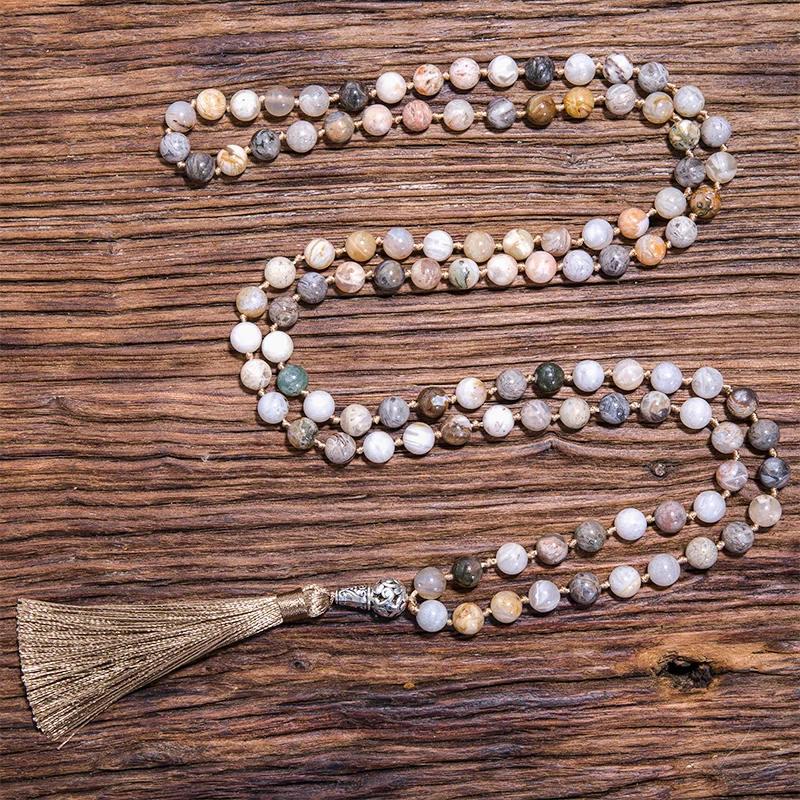 

8mm Bamboo Leaf Agate Beaded Knotted Necklace Meditation Yoga Blessing Jewelry 108 Japamala Rosary Tibetan Buddha Head Pendant