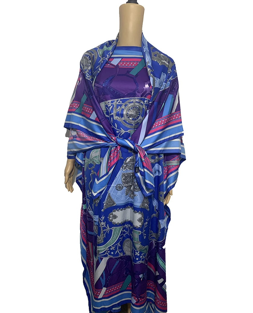 2020 Oversize silk Long Dress Beach Wear Kaftan maxi dresses Dashiki African Women's Abaya Robe kaftan Match scarf