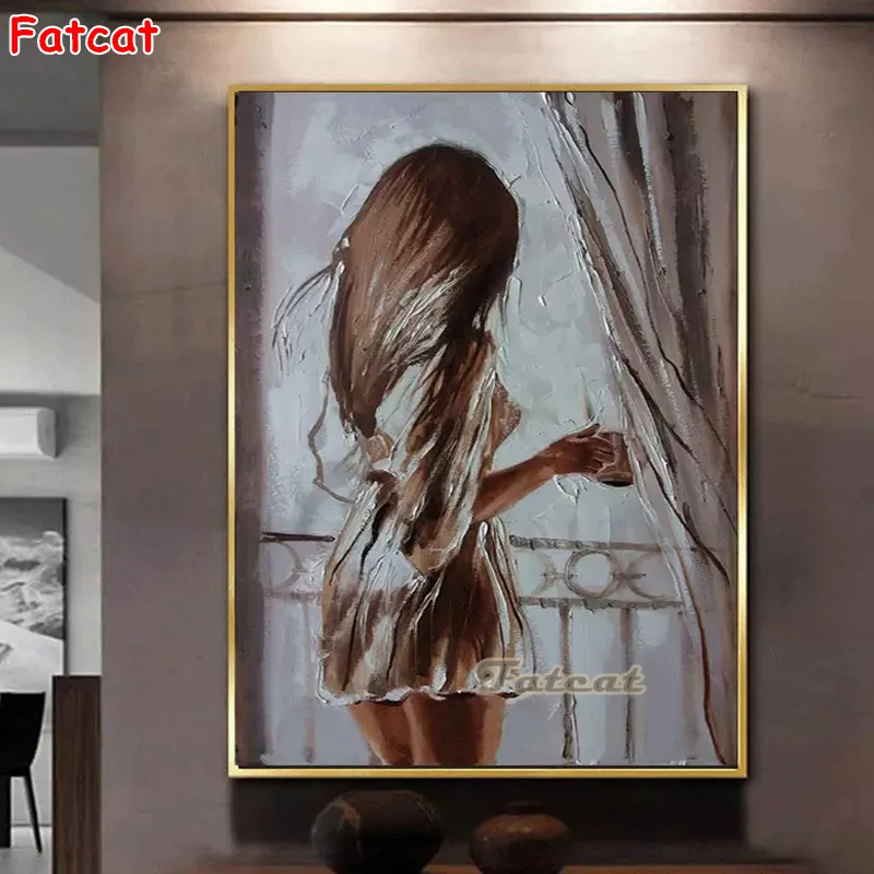 5D DIY Diamond Painting Cross Stitch Beautiful Girl Stand In Window Painting Famous Oil Painting Full Diamond Embroidery PP3484