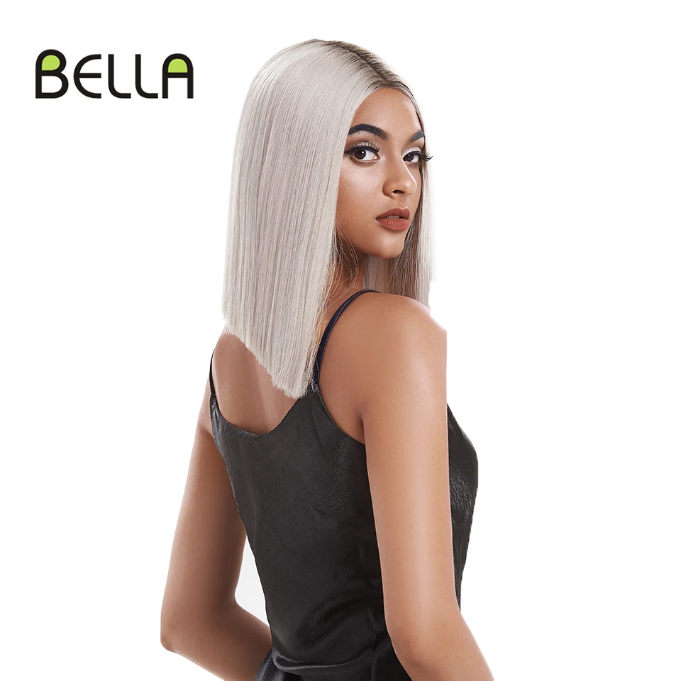 Bella Synthetic Lace Wig 14 Inch Short Hair Bob Wig Gray White Blue Black Shoulder Wigs For Black Women Lace Part Cosplay Wig