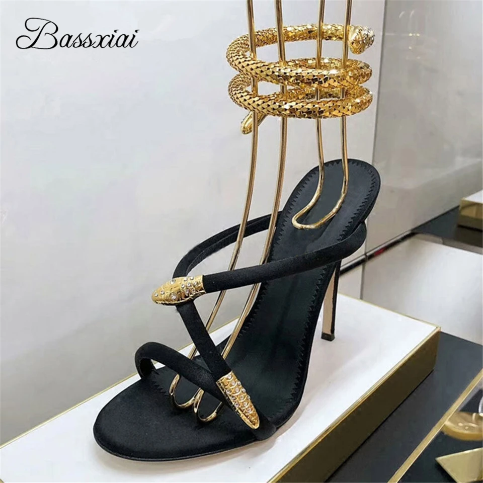 Metal Snake-Shaped Ankle Strappy Gladiator Sandals Women Thin High Heel Open Toe Slingbacks Summer Runway Mules