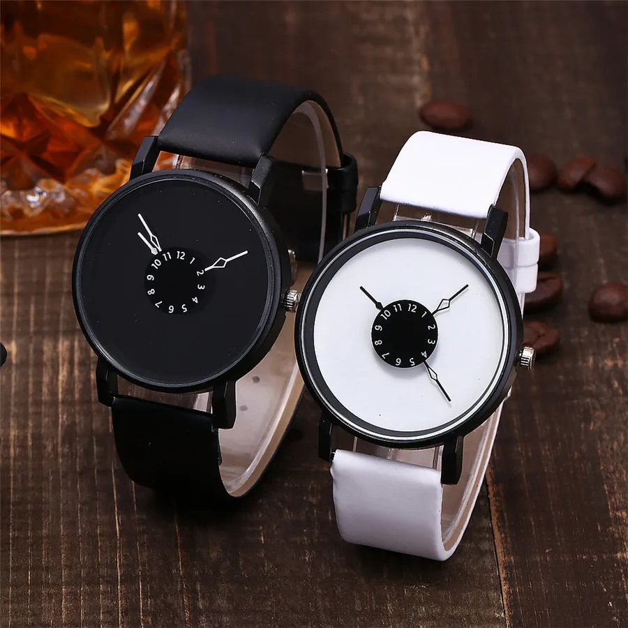 Simple Dial Quartz Watches Ins White & Black Style  Leather Strap Couple Watches Clock Watch for Women Men Girls Gift