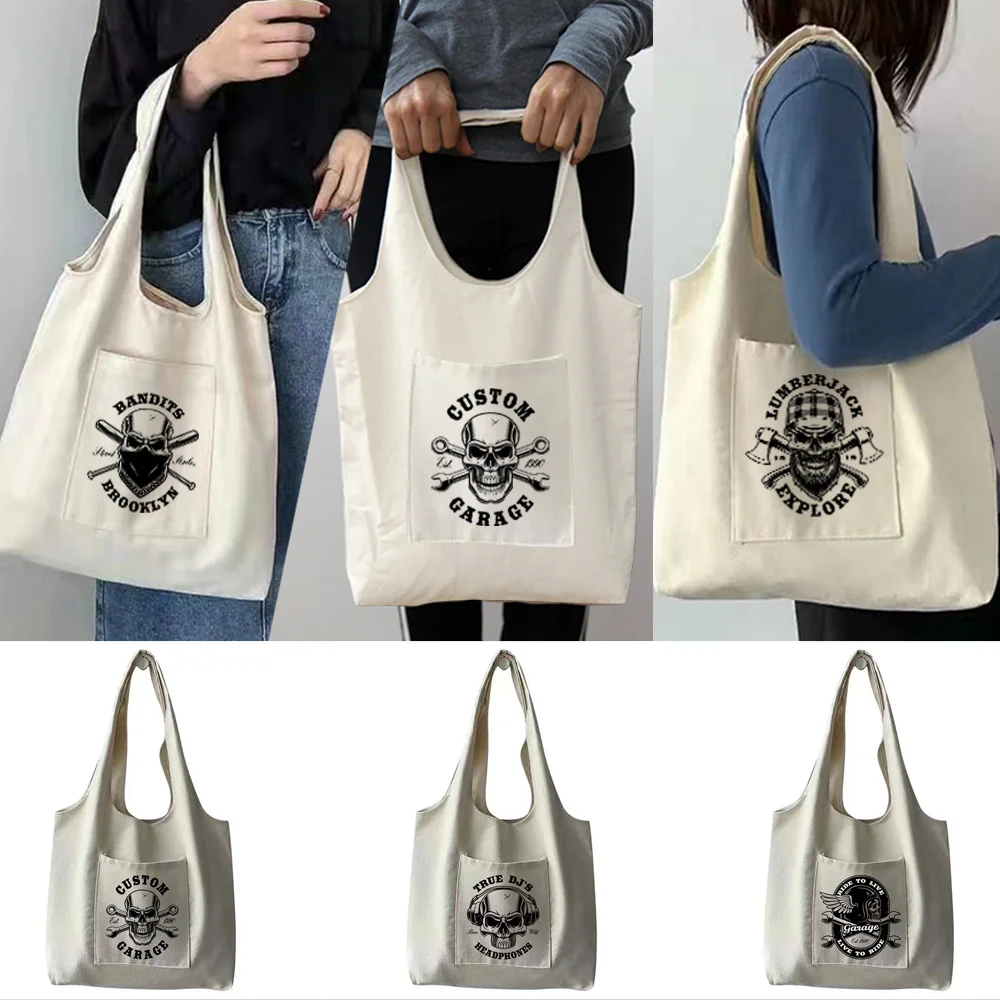 

Canvas Bag Women‘s Shopping Bags Commuter Skull Pattern Vacation Grocery Handbags Portable one-shoulder Pure cotton Tote Bag