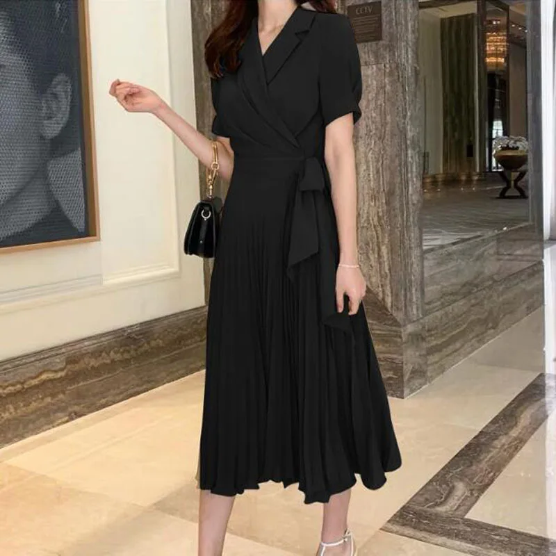 S-XL Plus Size Sheer Casual Pleated Dress Woman Half Sleeve Corset Elegant OL Office Work Dress Ladies Black Green Women Dresses