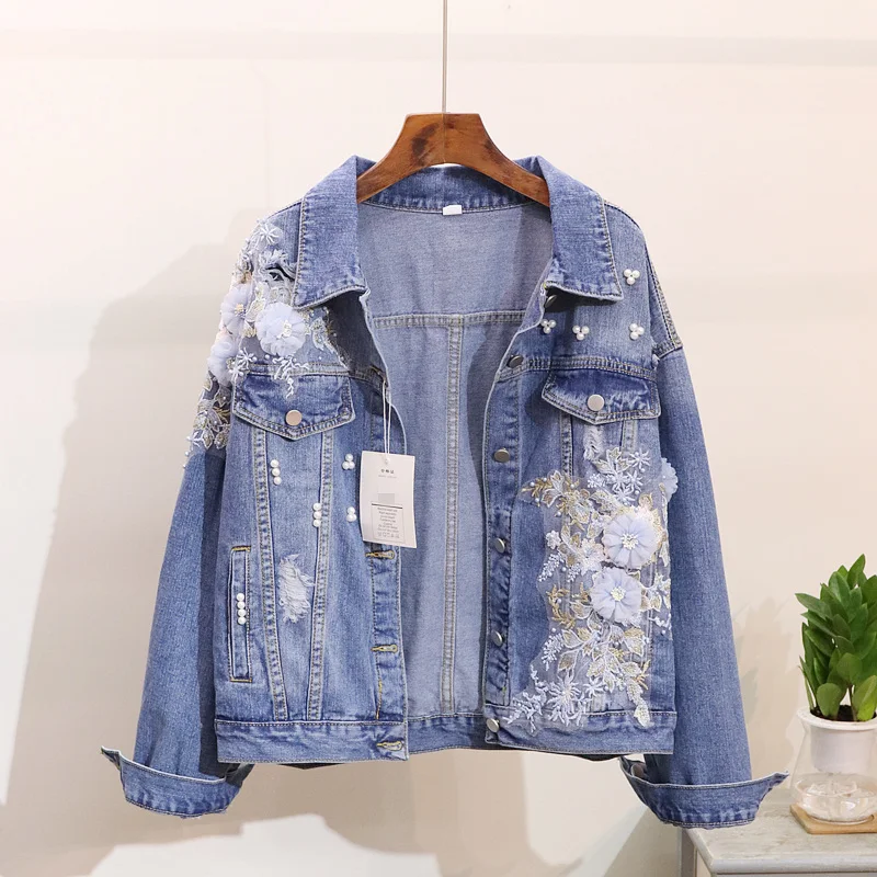 Spring Autumn Women's Harajuku Denim Jacket Coat Hand Beaded Flower Embroidery Short Jean Jackets Female Basic Coats Outfit Y26