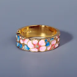 925 Silver Exquisite and Elegant Flower Enamel Drop Silver Female Ring Pink Blue Epoxy Engagement Wedding Jewelry