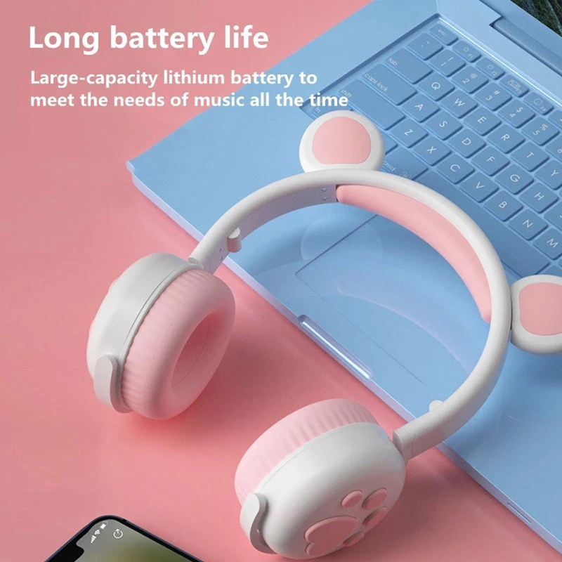 Cute Bear Ear Paw Headset Glowing Kids Wireless Bluetooth-Compatible 5.0 Headphones Girls Earphone with Mic Children Gifts