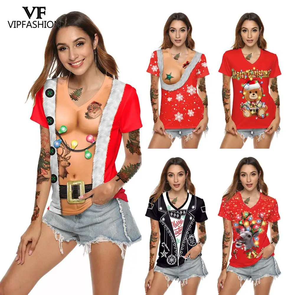 

VIP FASHION Funny Xmas Print t Shirt Christmas T-shirts Women Fashion Short Sleeve Casual 3d Party Merry Tshirt Streetwear