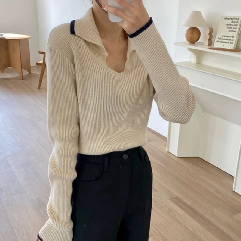 Chic Korean Femme Tops Women Fashion Winter Spring Basic Wear Jumpers Solid Knitted Pullovers Short Sweaters