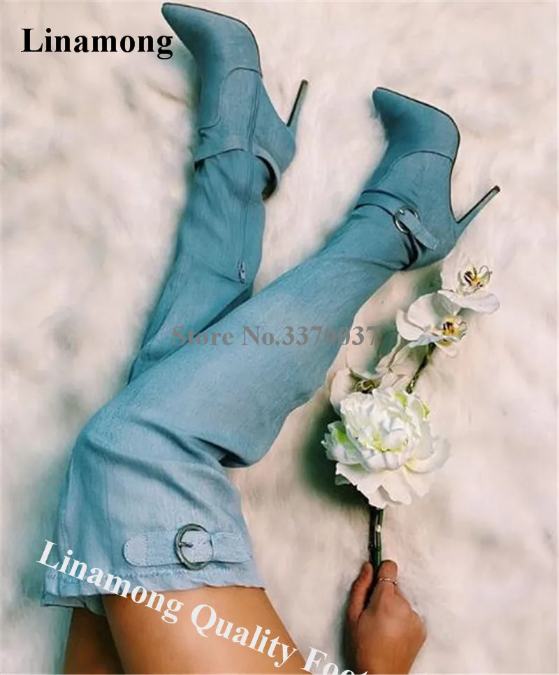 

Linamong Western Fashion Pointed Toe Blue Strethable Cloth Stiletto Heel Over Knee Boots Sexy Thigh High Buckle Long Boots