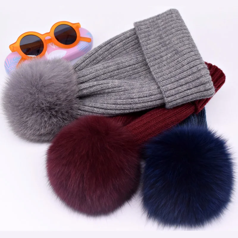 2022 Natural Fox Fur Pompon Hat Thick Winter for Women Cap Beanie Hats Knitted Cashmere Wool Caps Female Skullies Beanies