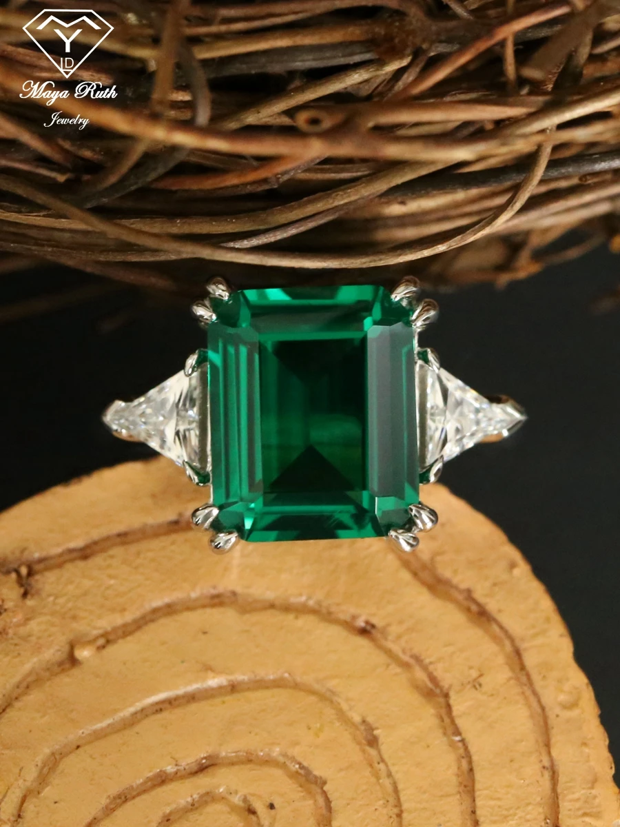 Created Emerald Gemstone Trilogy Ring Green Real 925 Sterling Silver Party for Women Anniversary Gift Aesthetic Female Charm