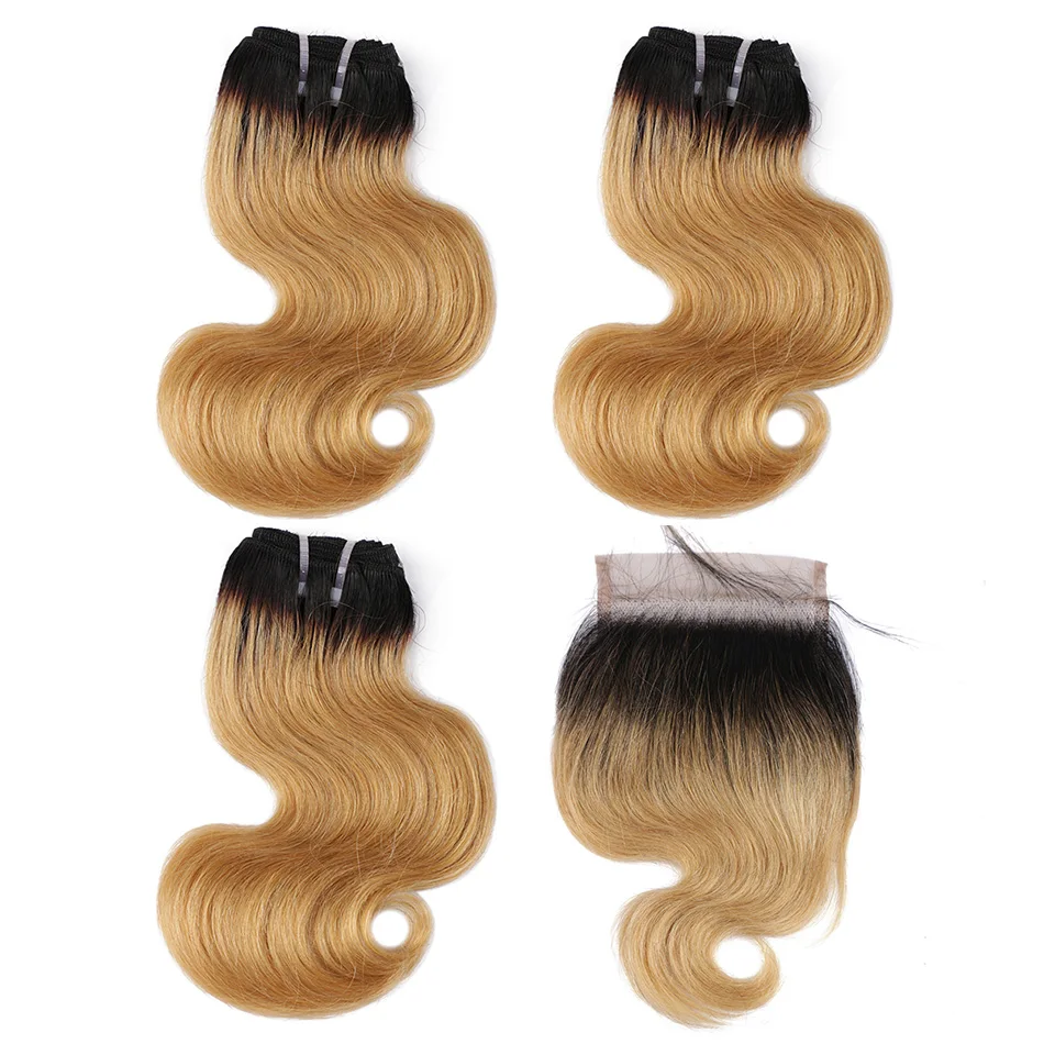 Real Beauty Ombre brazylijski doczepy typu Body Wave z zamknięciem kolorowe Two Tone wiązki ludzkich włosów z zamknięciem Blond czerwony niebieski