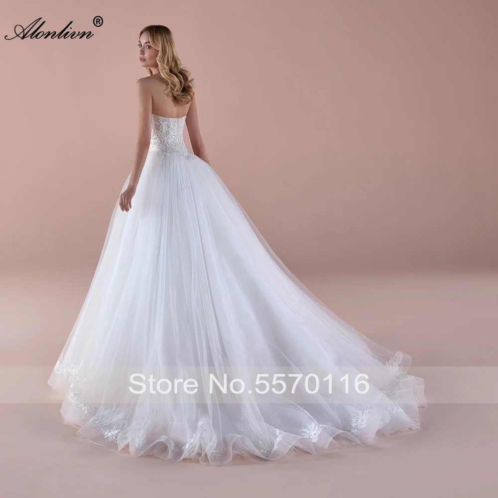 Alonlivn Elegant Style Ball Gown Wedding Dresses Sweetheart Silky Tulle Beading Pearls Lace Bridal Skirts