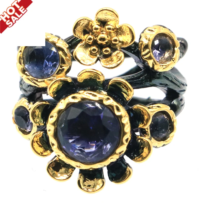 

24x24mm Unique Bohemia Design 11g Created Iolite Blue Aquamarine Cool Black Metal For Women Silver Rings Neo-Gothic