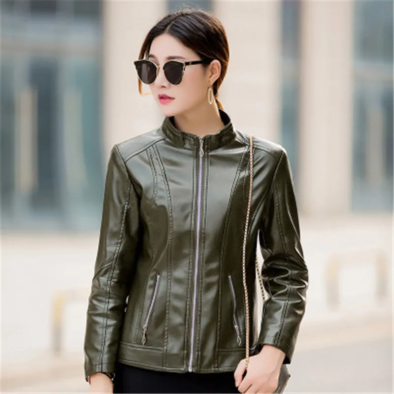 Woman 2022 Design Spring Autumn PU Leather Jacket Faux Leather Soft Coat Slim Black Zipper Motorcycle Jackets A72