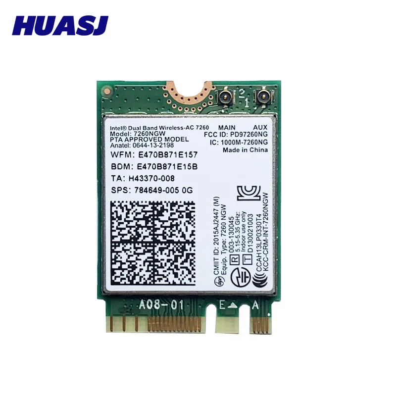 Huasj For Intel Dual band 7260 7260NGW Wireless-AC NGFF 2x2 802.11ac 867Mbps Wifi+ BT 4.0 Wireless Wlan M.2 Card