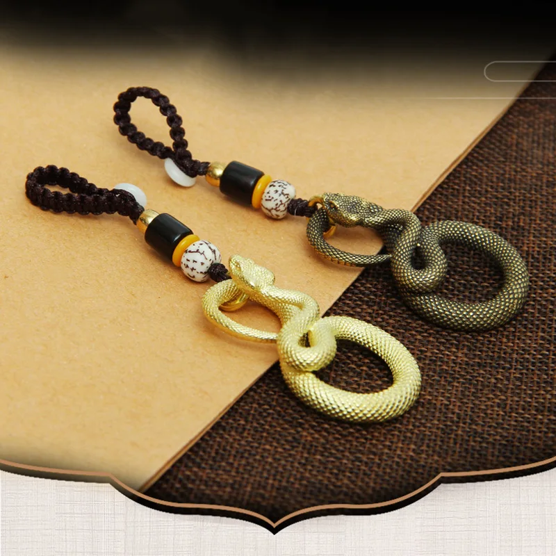 Vintage Copper Zodiac Snake Key Chain Pendants Jewelry Pure Brass  Animal Cobra Keychain Hanging Lanyard Keyring DIY Charms Gift