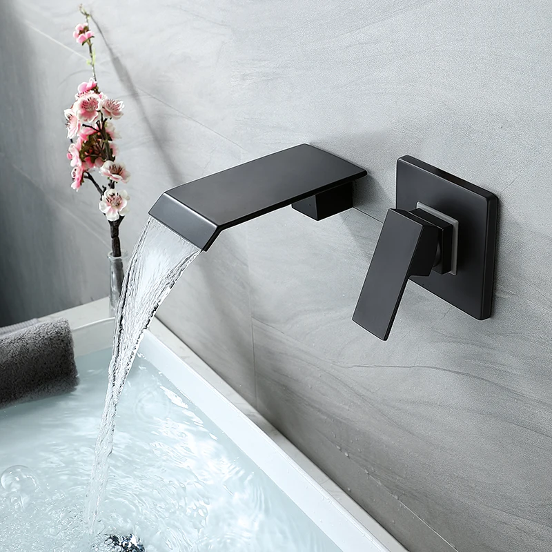 

Basin Waterfall Faucet Mixer Wall Mounted Black Matte Single Handle In-Wall Bathroom Sink Faucet 2 Holes Hot & Cold Tap Torneira