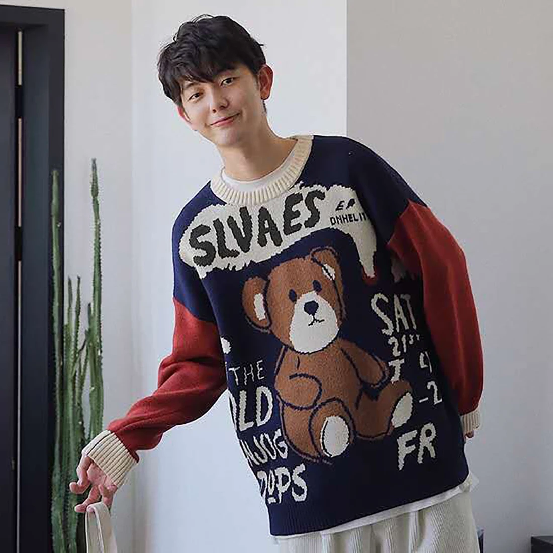 ATSUNSET Cartoon Brown Bear Knitted Wool Autumn And Winter Harajuku Japanese And Korean Pullover Daily Streetwear Top