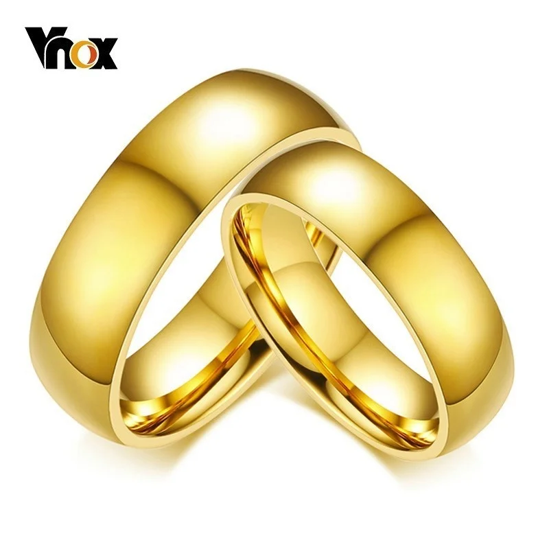 Vnox Classic Wedding Rings for Women Men 6mm Gold Color Stainless Steel Couple Rings Simple Plain Bands Anniversary Gift