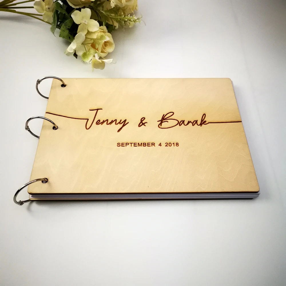 Custom Bride And Groom Name And Date Wooden Calligraphy Guest Book Personalized Laser Engraved Wedding Album Gift for Couple