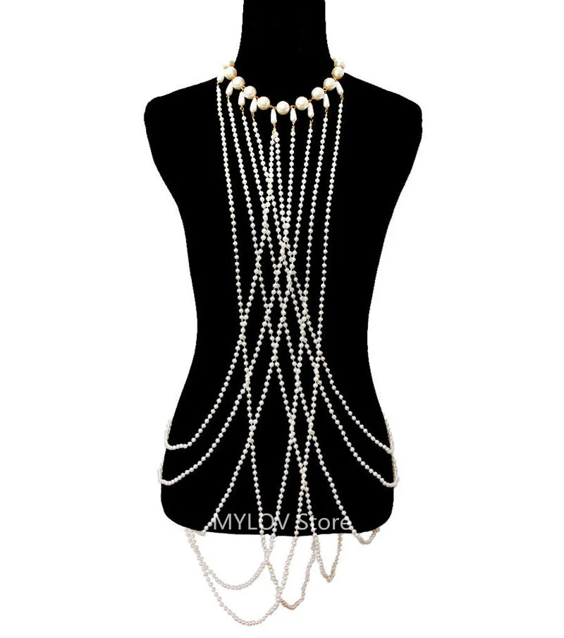 

P0216 FREE SHIPPING Women White IMITATION PEARLS Body Gold Chains Necklace BEADS Chain JEWELRY