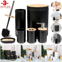 6Pcs Bamboo Bathroom Set Toilet Brush Garbage Can Toothbrush Mouth Cup Lotion Bottle Soap Box Cleaning Tool Set Gray Black White