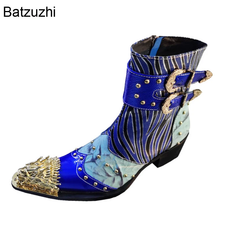 Batzuzhi New Handmade Men's Boots Blue Leather Short Boots for Men Party, Cowboy, Biking Botas Hombre Buckle Golden Metal Toe