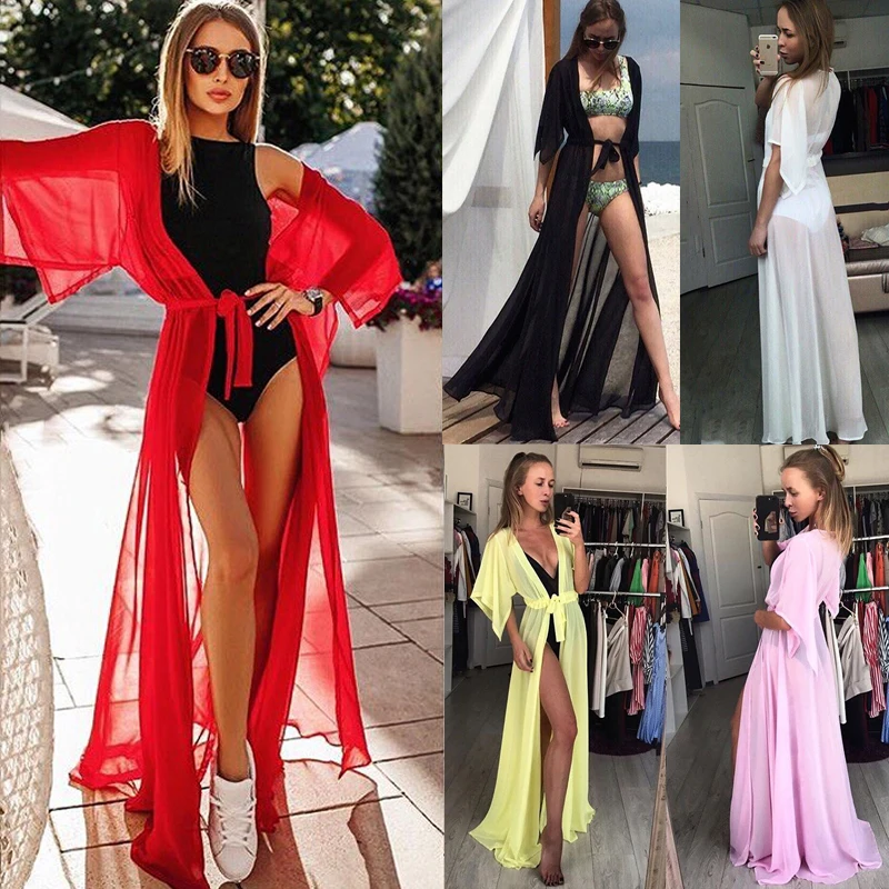 Sommer Frauen Chiffon Kimono Strand Strickjacke Bikini Cover Up Wrap Beachwear Lange Kleid Boho Kleid