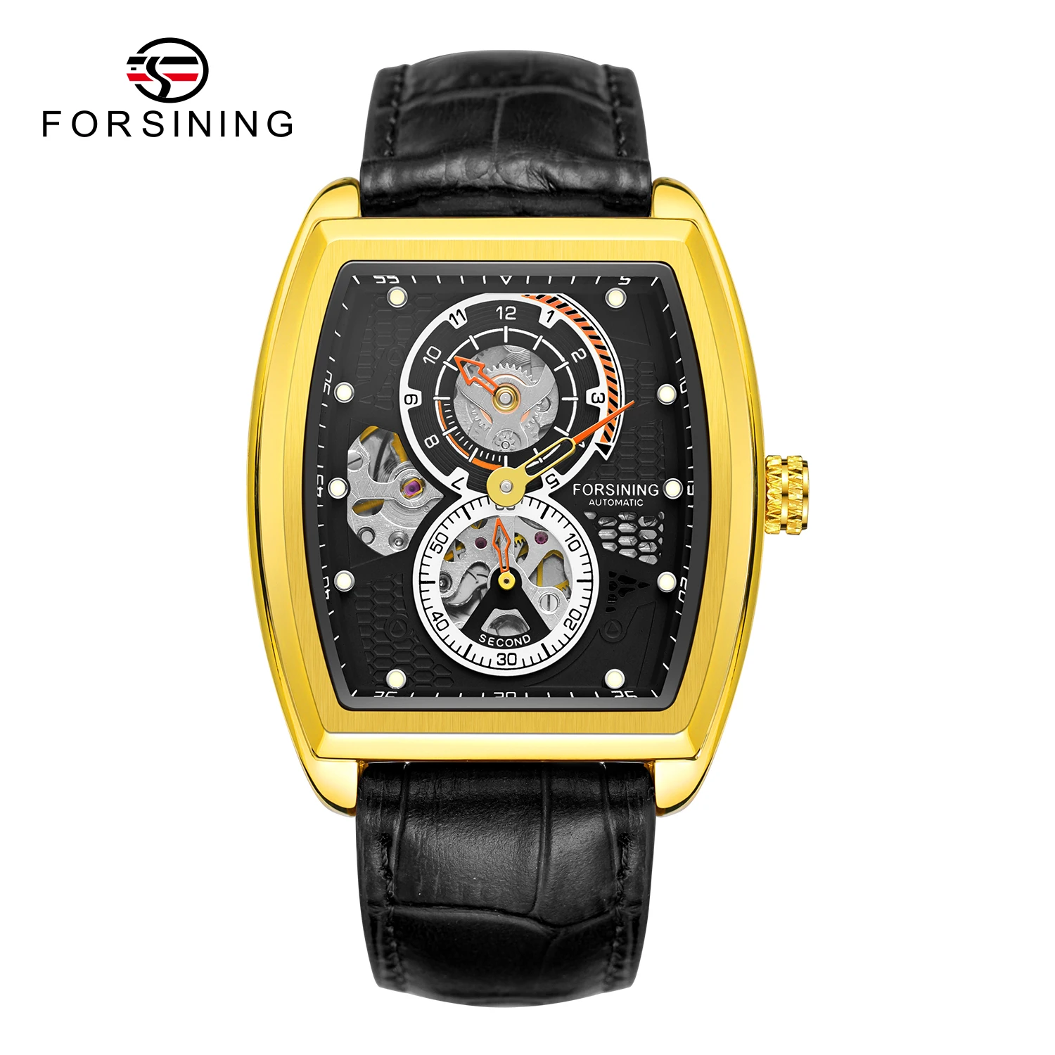 

Forsining Fashion Classic Black Dial Waterproof Sport Automatic Mechanical Watch Skeleton Rectangle Dial Military Men Wristwatch