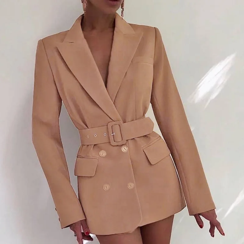 

Trendy Office Lady Notched Blazers Women Nice Solid Double Breasted Jackets Women Elegant Tie Belt Waist Suit Female Ladies