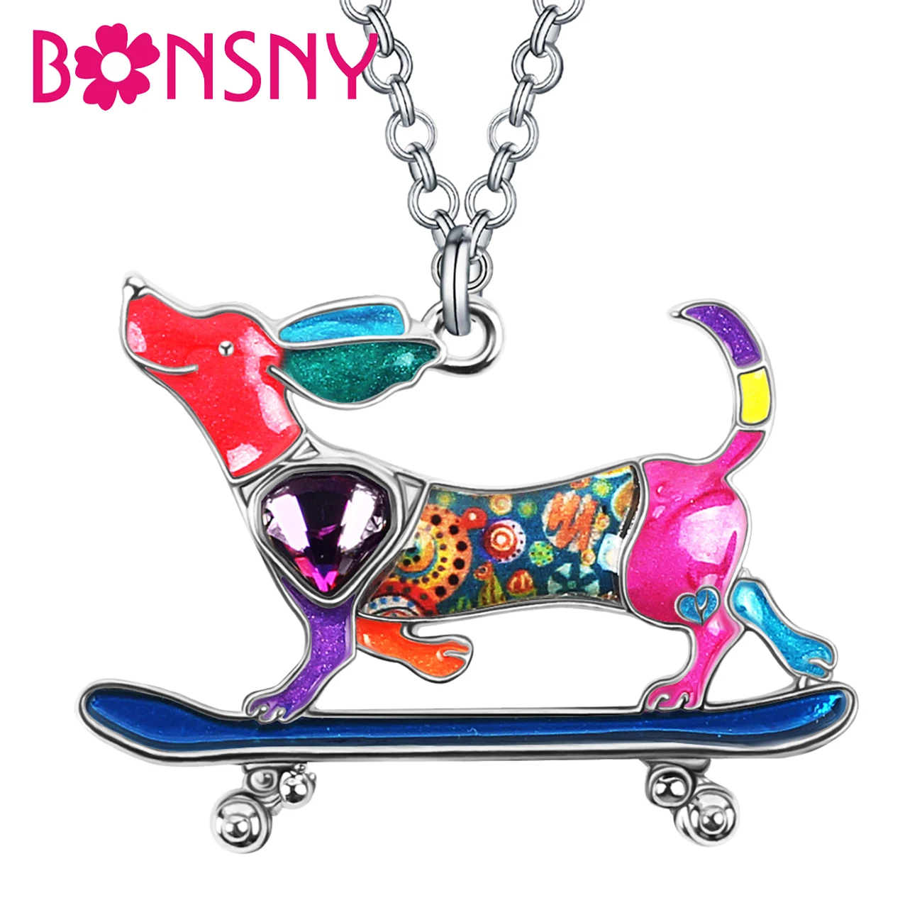 

BONSNY Enamel Alloy Floral Skateboard Dachshund Dog Necklace Pendant Chain Fashion Animals Jewelry For Women Teens Charms Gifts