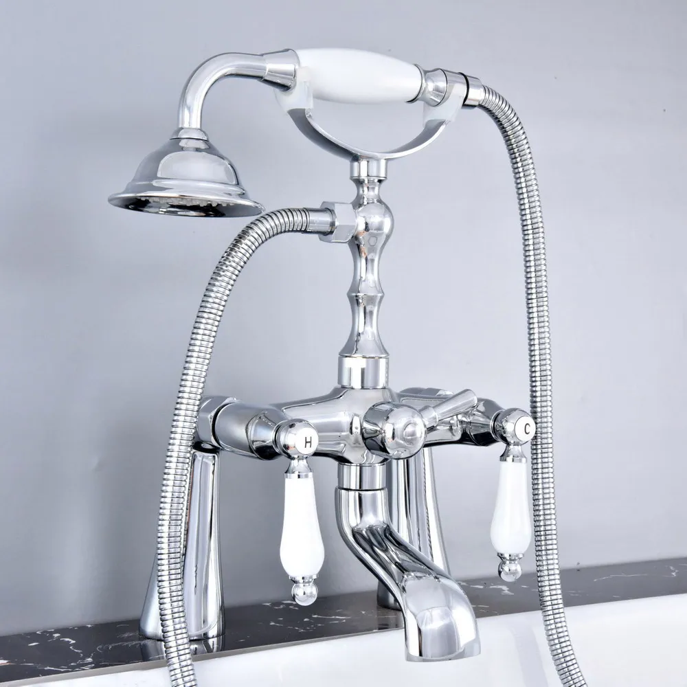 

Modern Silver Chrome Brass Deck Mounted Bathroom Tub Faucet Set with 1500MM Handheld Shower Spray Head Bath Mixer Tap 2tf765