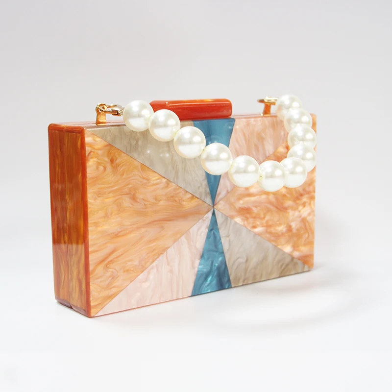 Marble Orange Geometric Acrylic Clasp Women Brand Shoulder Evening Wallet Box Clutches Purse Lady Party Wedding Travel Handbags