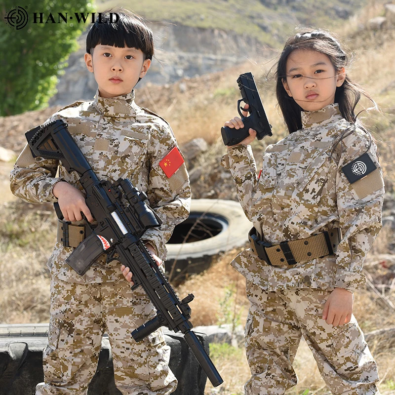 HAN WILD Kids Military Tactical Uniform Hunting Clothing Sets Children Airsoft Camouflage Hiking Jackets Outdoor Sport Suit