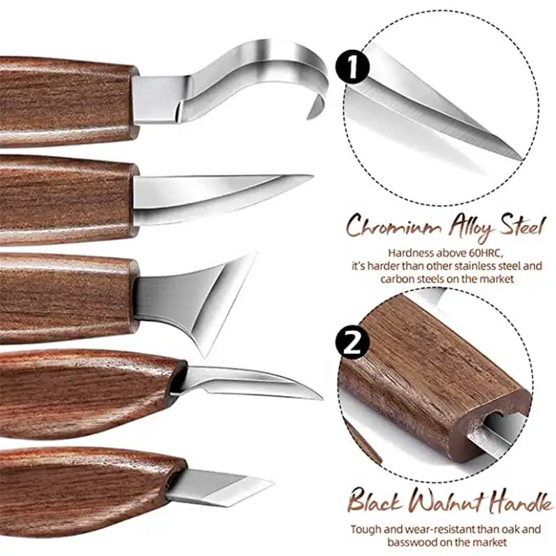 SIMILKY Wood Carving Tools 5 in 1 Knife Set - Includes Hook Knife, Whittling Knife, Detail Knife, Carving Knife Sharpener 5-Set