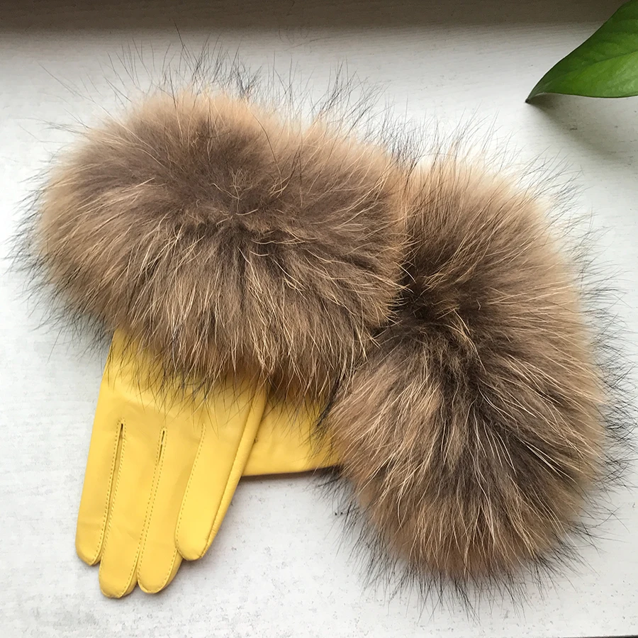 Real Raccoon Fur Gloves Women\'s Genuine Leather Gloves Fox Fur Big Raccoon Fur Sheepskin  Gloves Female Winter Velvet Warm Touch