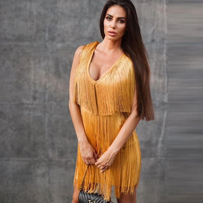 

Elegant Tassel Dress Sexy V Neck Yellow Women Evening Party Dress French Vestidos Sleeveless Club Casual Slim Femme Robe BD1993