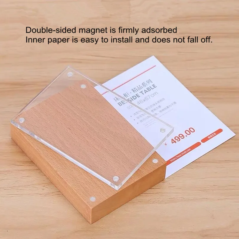 90*54mm Small Wood Tabletop Acrylic Sign Holder Stand Table Price Label Card Paper Holder Tags Block