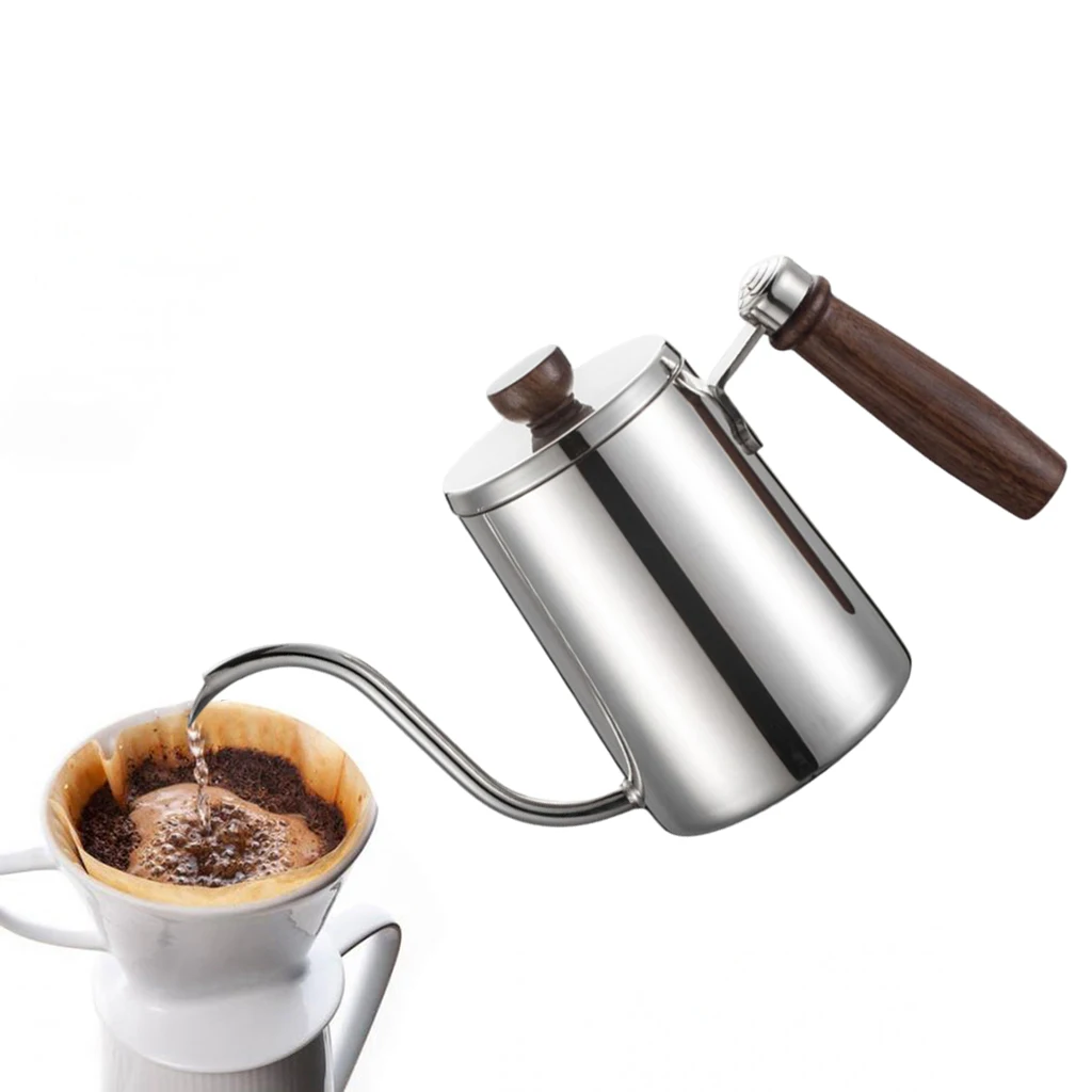 Stainless Steel Coffee Pot Gooseneck Pour Over Pot Wooden Handle Anti-scalding with Lid Flow Spout for Stovetops