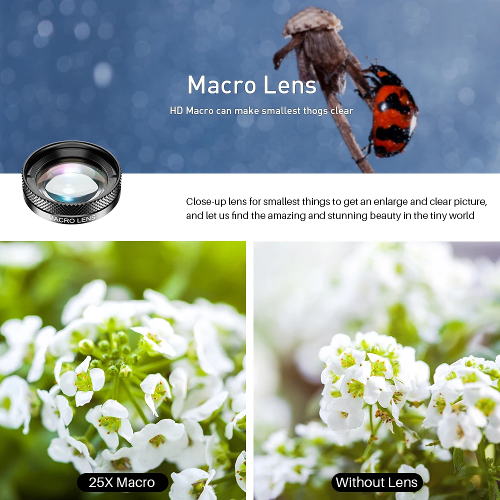 APEXEL New Phone Camera Lens Kit 6 in 1 Fish Eye Lens 205 Degree Wide Angle 25X Macro Lens CPL/Star ND32 Filter for Smartphones