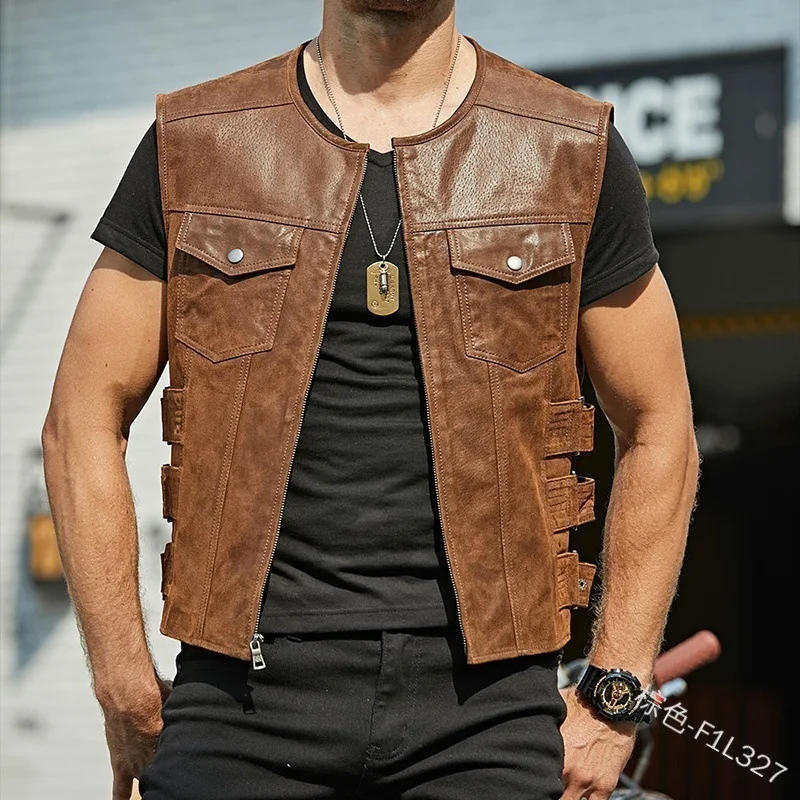 Men's PU Leather Vest Jacket Zipper Side Adjustment Strap Slim Fit For Casual Sleeveless Jacket Male Vest Jacket Clothing