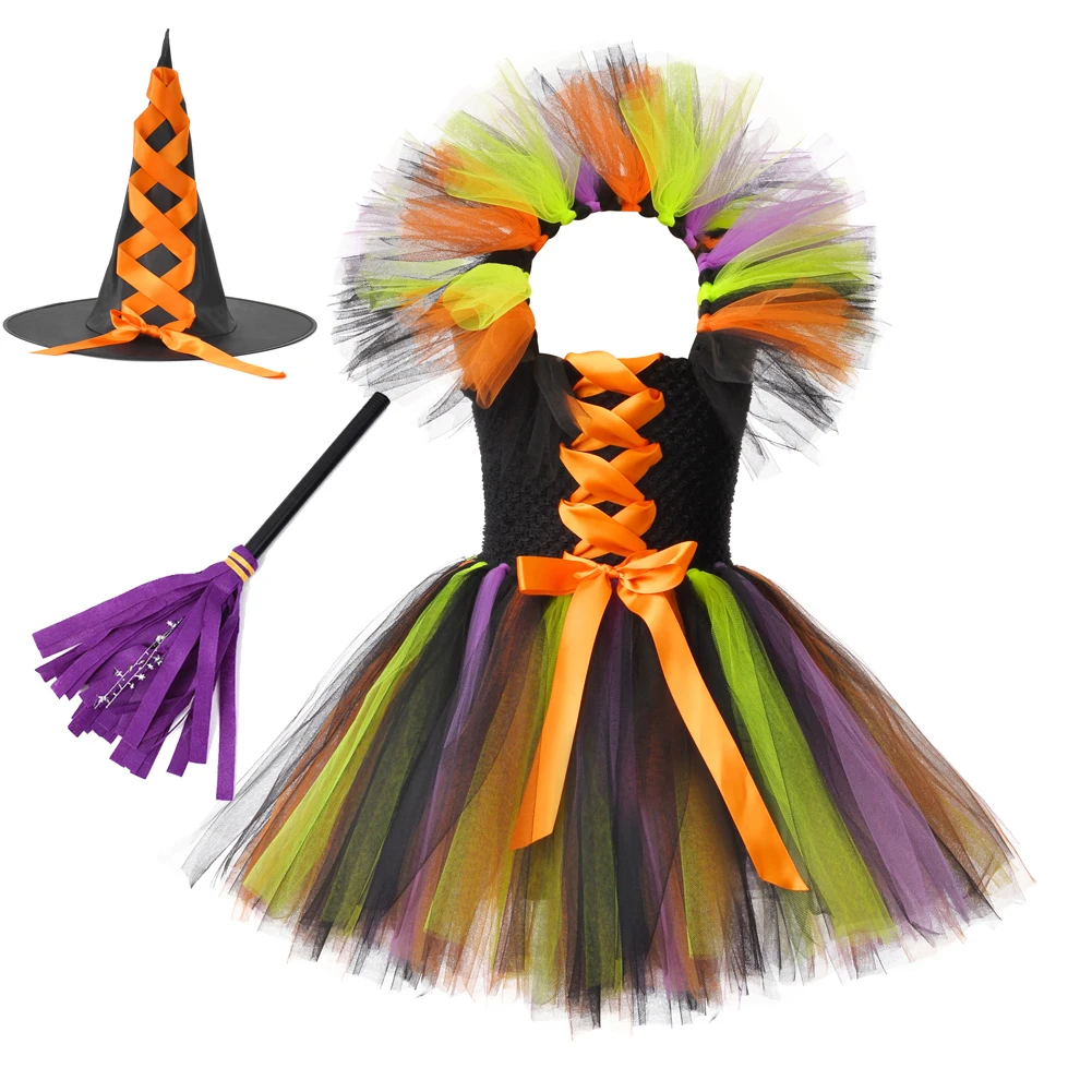 

Witch Halloween Costume for Girls Kids Tutu Dress Hat Broom Children Cosplay Dress Clothing for Carnival Party Christmas 1-14Y