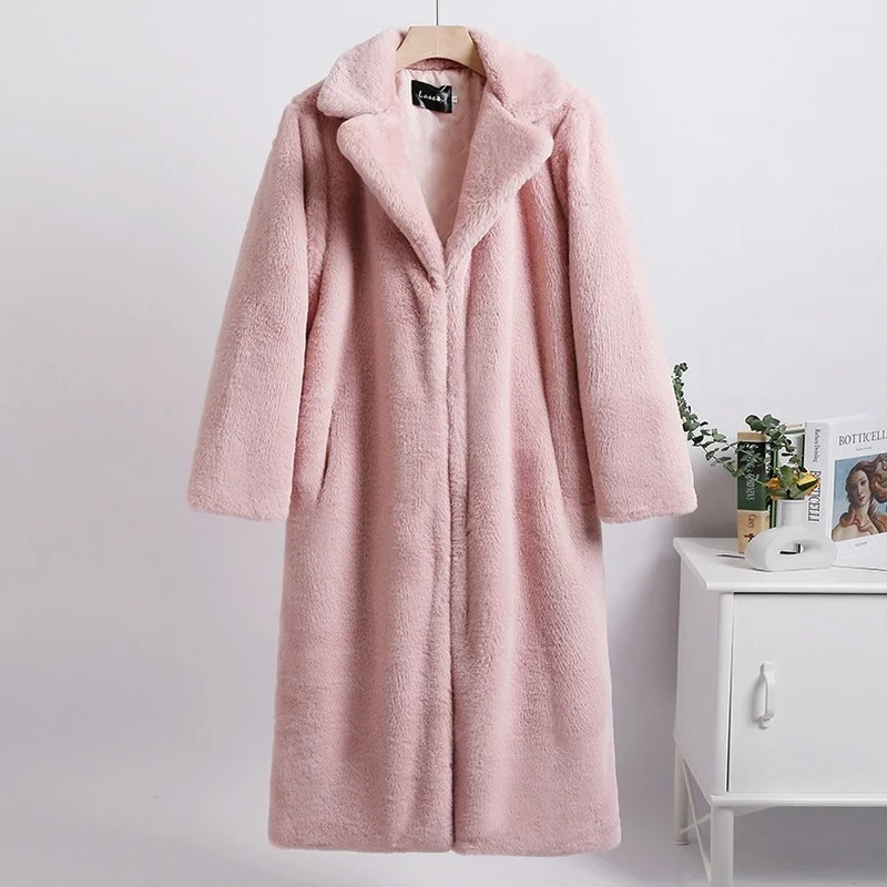 2022 New Women Winter Warm Faux Fur Coat Color Patch Thick Women Long Coat Turn Down Collar Women Warm Fur Coat