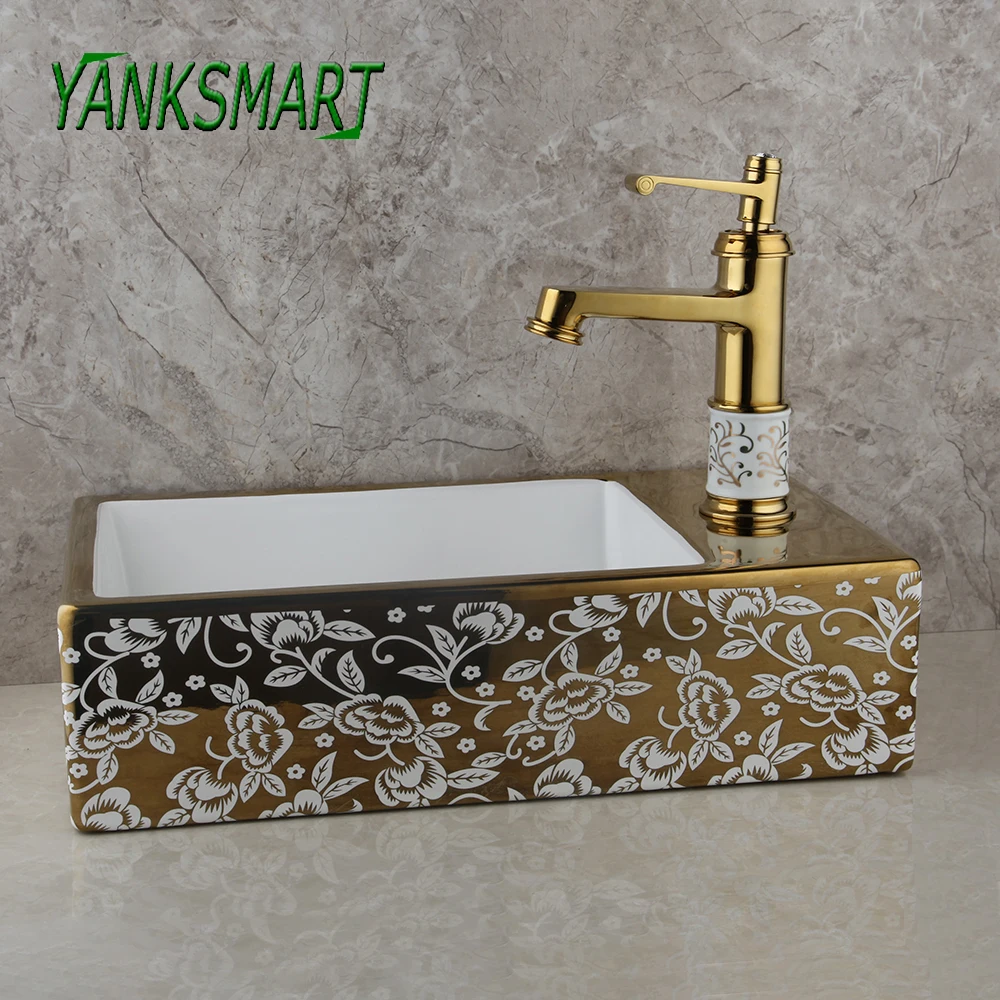 

YANKSMART Luxury Bathroom Ceramics Square Wash Basin Gold Plating Faucet Combo Sets Deck Mounted Cold & Hot Water Mixer Tap