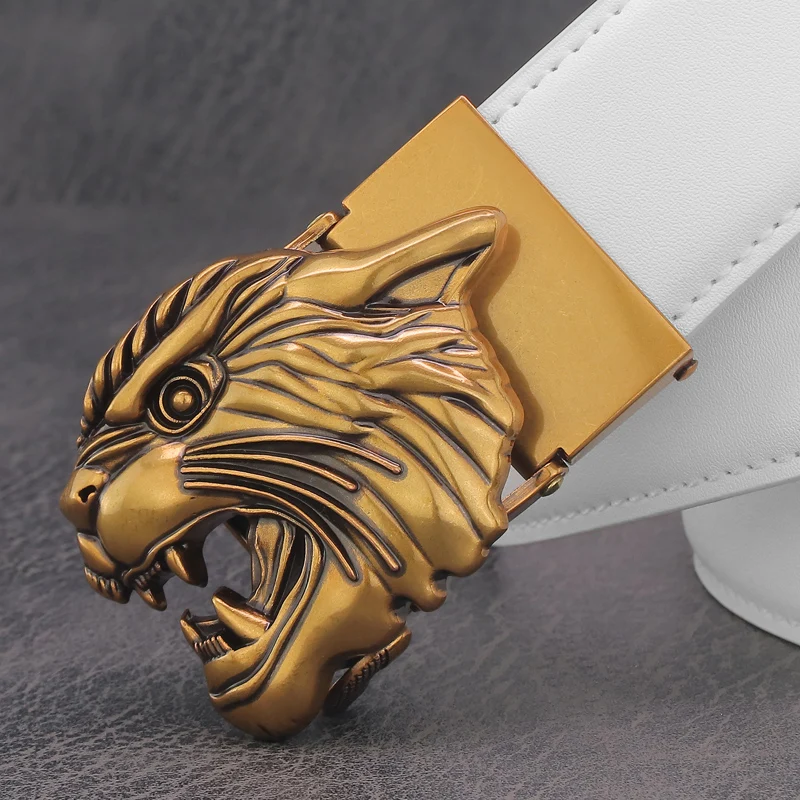 

High Quality designer lion Automatic Buckle brand luxury fancy belts men genuine leather white young boys ceinture homme