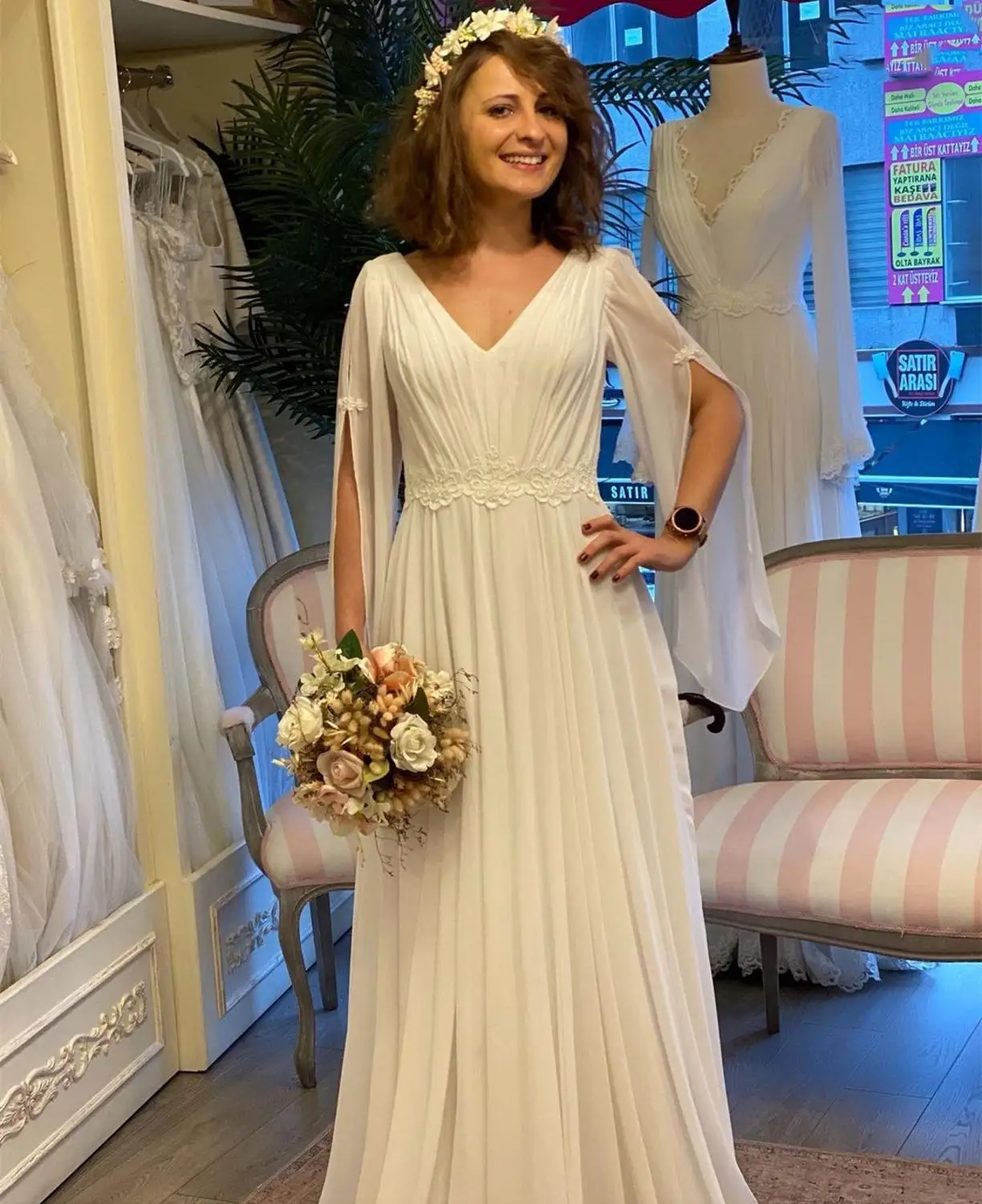 Abito da sposa in Chiffon con scollo a v Boho Vintage manica lunga lunghezza del pavimento Sweep Train abiti da sposa elegante semplice spiaggia Robe De Mariee